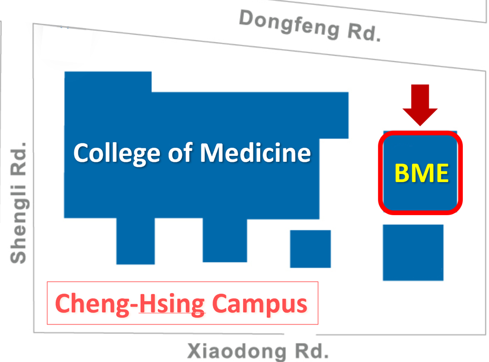 Detailed location map showing the Department of Biomedical Engineering next to the College of Medicine in Cheng-Hsing Campus.