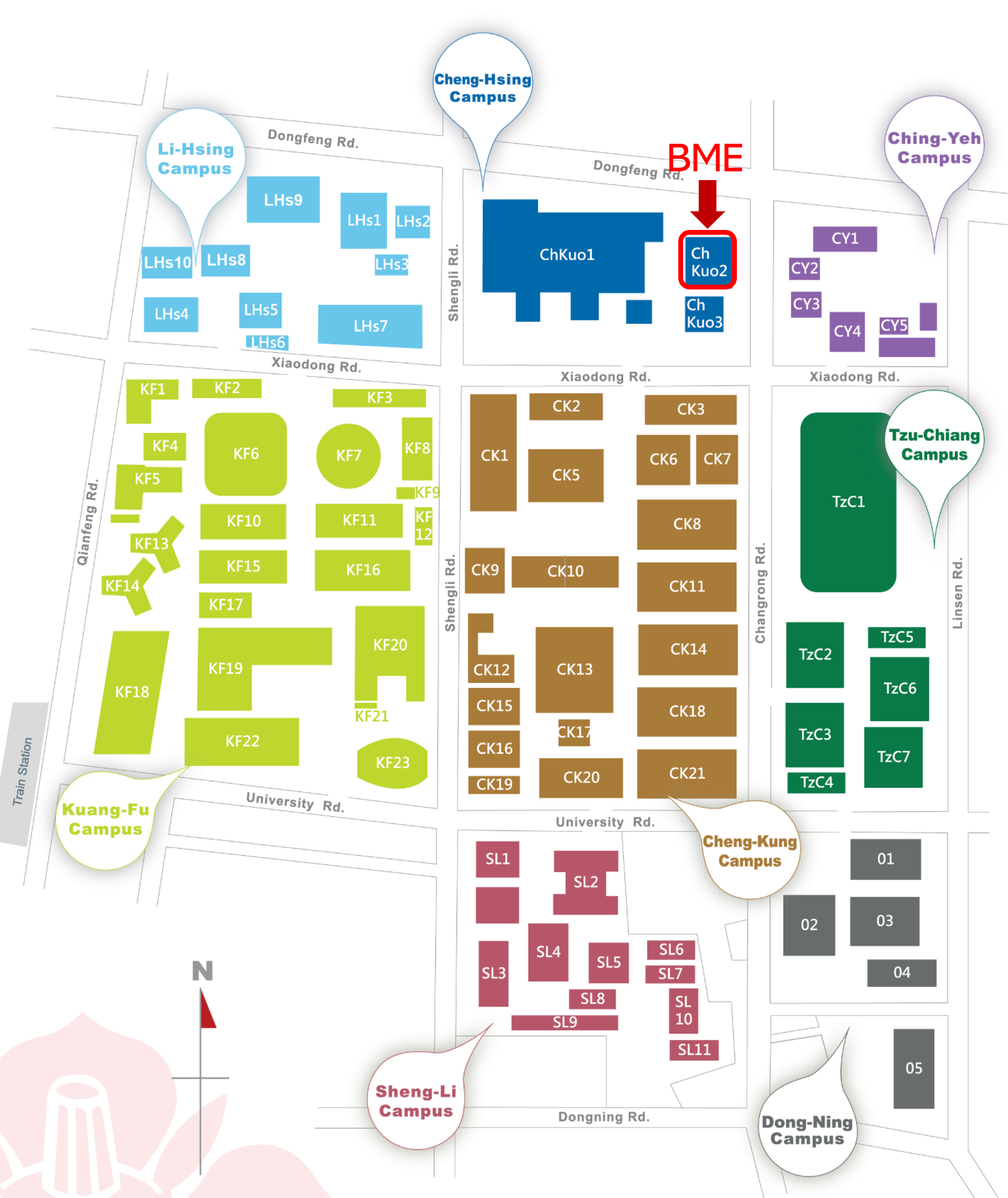 Campus map of National Cheng Kung University showing the Department of Biomedical Engineering in Cheng-Hsing Campus, near the College of Medicine, Biomedical Excellence Building, and the College of Engineering on Tzu-Chiang Campus.